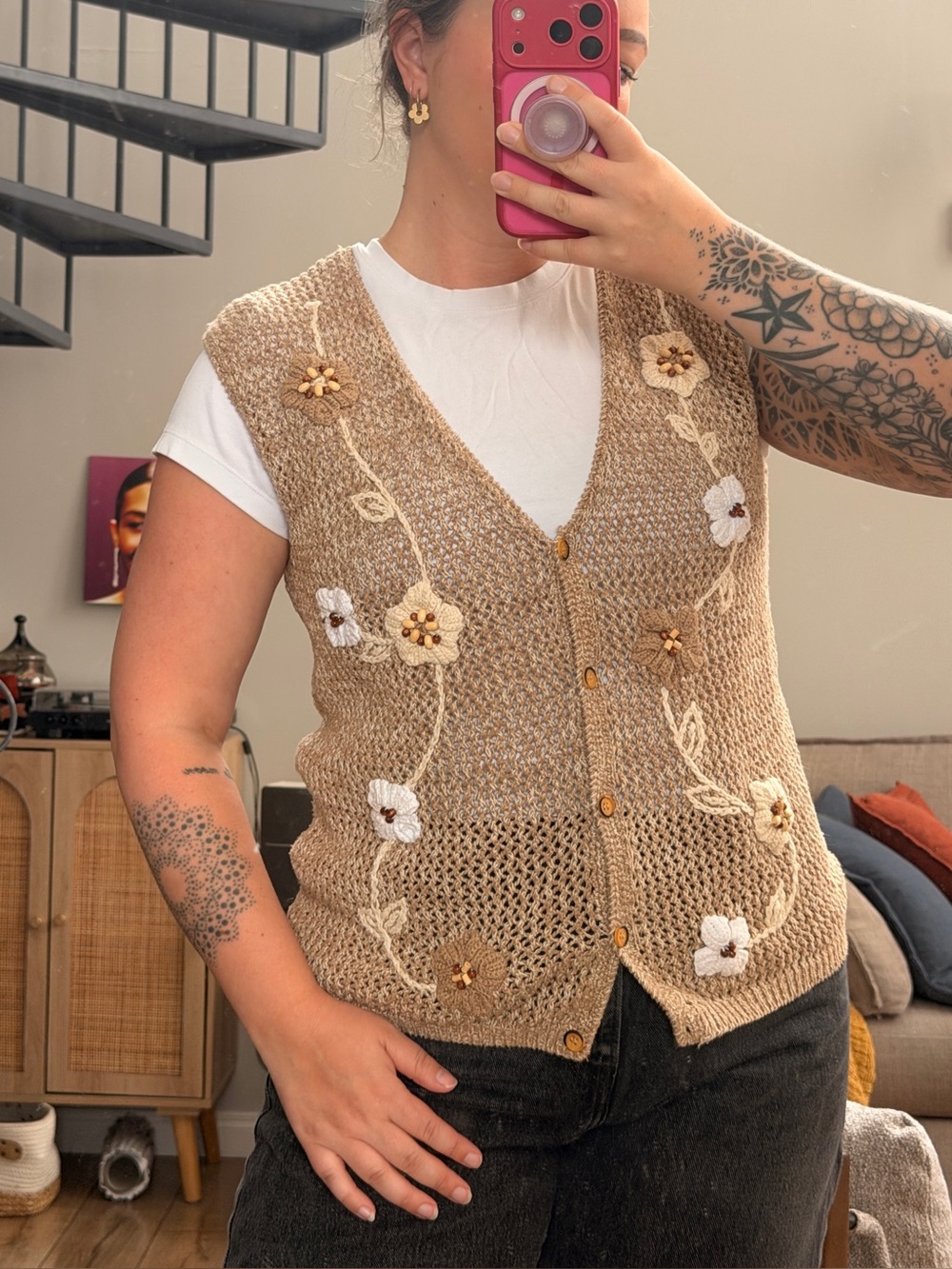cleo Tan Hand-Knit Floral Embroidered Button Vest